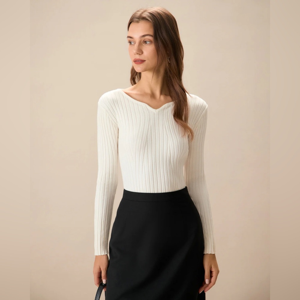 The White V Neck Teardrop Ribbed Knit Top